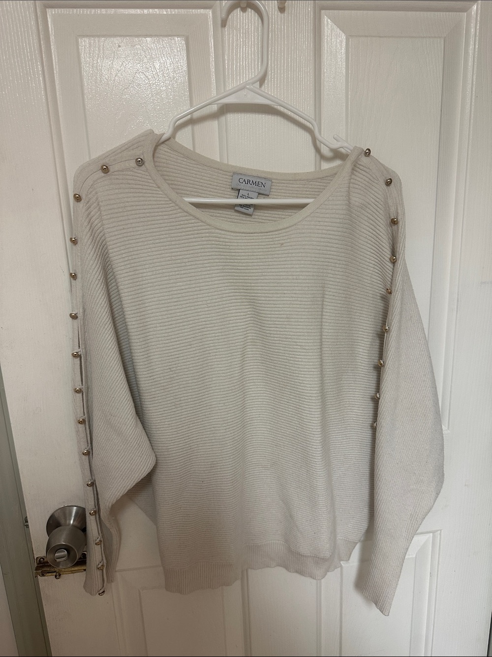Carmen Cream Scoop Neck Sweater with Studded Sleeves